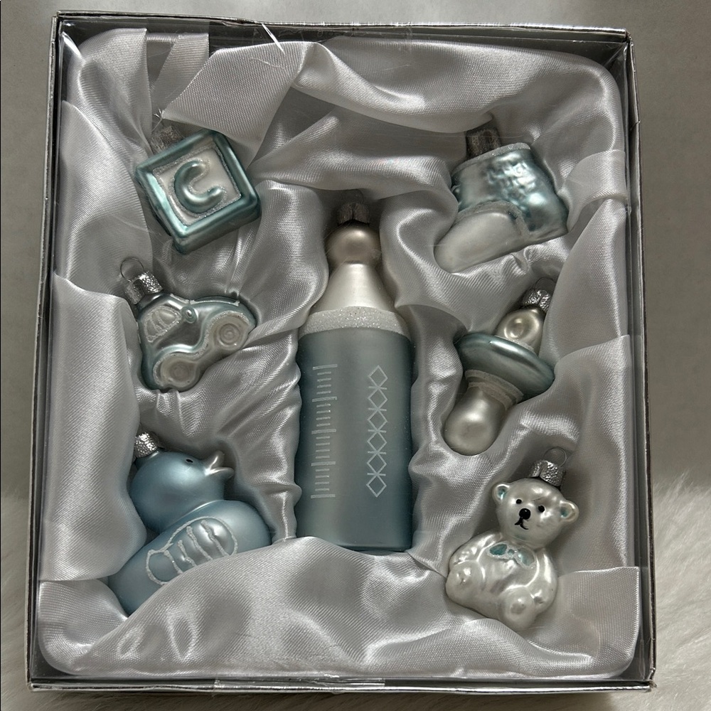 Silver & Blue Baby Ornament Set - Holiday Nursery Decorations